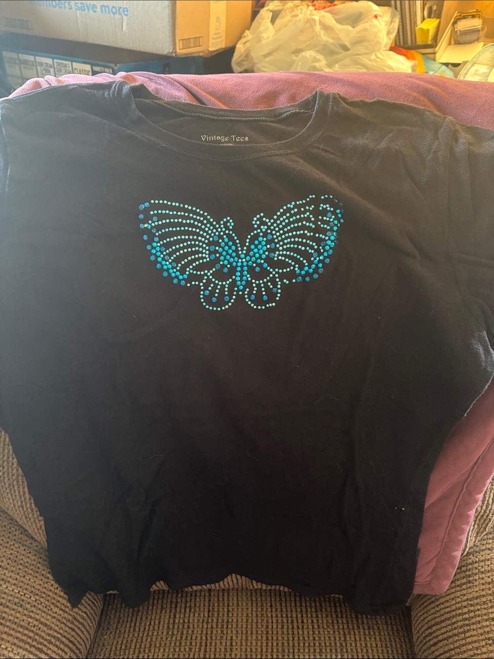 Women’s Vintage Black Tee with Turquoise Rhinestone Butterfly